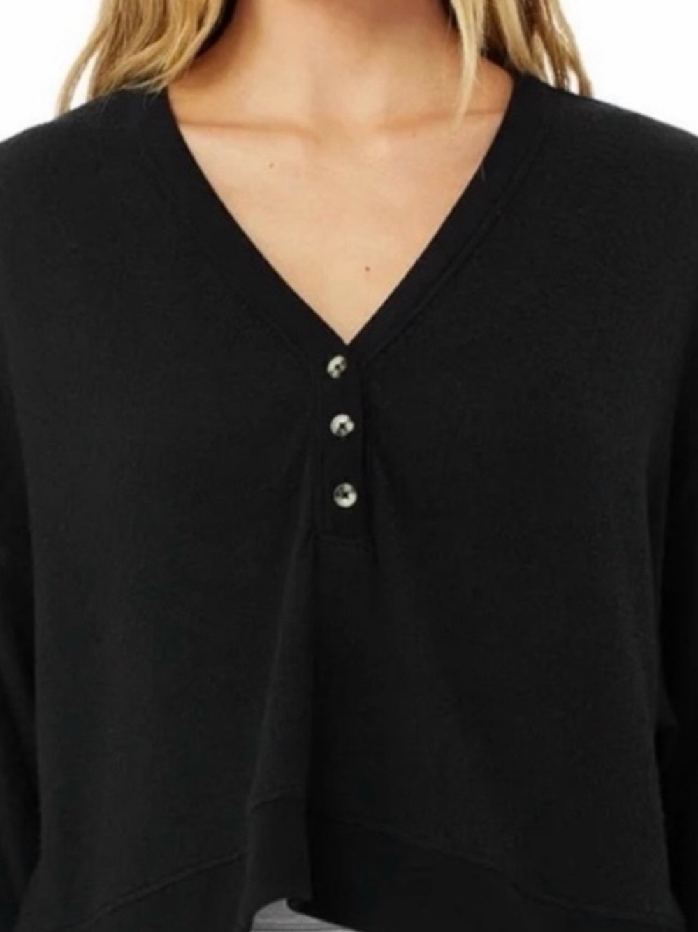 ALO Yoga Waffle Knit Henley Pullover in Charcoal Black